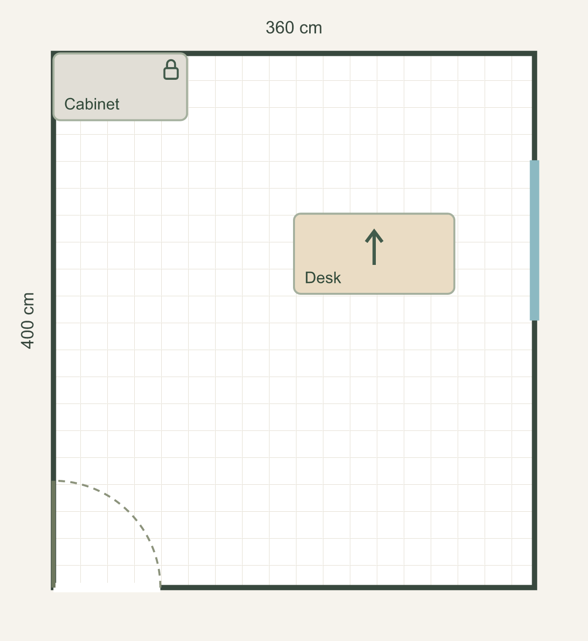 A desk bearing spans two sectors · English diagram of the entered room, furniture, door swing and windows.