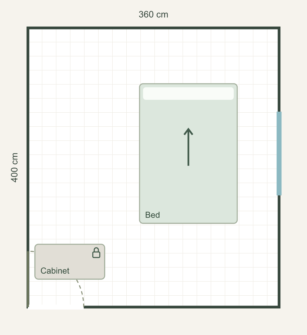 A fixed cabinet blocks the door · English diagram of the entered room, furniture, door swing and windows.