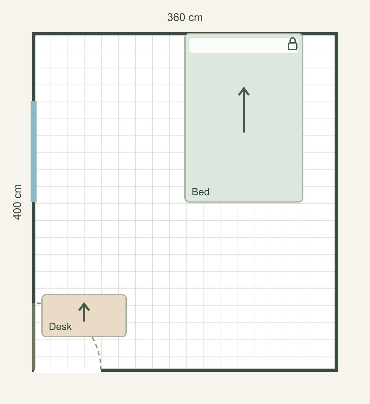 Keep the bed; move only the desk · English diagram of the entered room, furniture, door swing and windows.